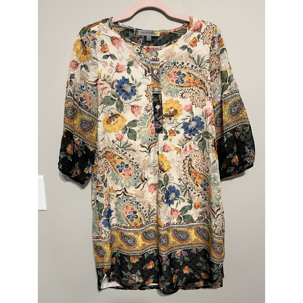 Figueroa & Flower Paisley Border Print 3/4 Shift Boho Dress S